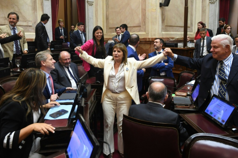La sénatrice argentine Patricia Bullrich, cheffe du groupe parlementaire du parti au pouvoir, célèbre l'adoption par le Sénat de la loi réformant la législation du travail, le 27 février 2026 à Buenos Aires ( COMUNICACIÓN INSTITUCIONAL SENAD / LUCIANO INGARAMO )