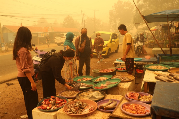 Des habitants au milieu des fumées toxiques issues des incendies à Palangkaraya,en Indonésie le 24 octobre 2026 ( AFP / REINA )