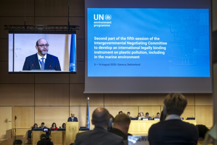 Luis Vayas Valdivieso, ambassadeur d'Equateur en Grande-Bretagne, qui préside les négociations onusiennes en vue d'établir un traité international contre la pollution plastique, photographié le 5 août 2025, à l'ouverture de la dernière séquence de discussions ( AFP / Fabrice COFFRINI )