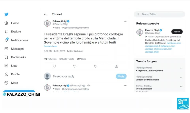 Italie : l'effondrement d'un glacier fait au moins six morts dans les Alpes