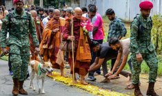 Le moine bouddhiste vietnamien Bhikkhu Pannakara (au centre), accompagné de commandos de l'armée sri-lankaise, marche avec Aloka, un chien errant secouru en Inde, au premier jour de la "marche pour la paix" à Dambulla, dans le centre-nord du Sri Lanka, le 22 avril 2026 ( AFP / - )