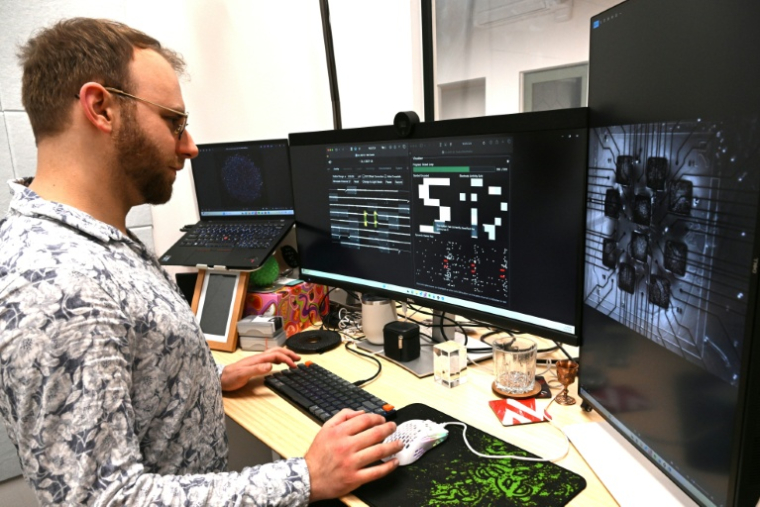Le chercheur Brett Kagan observe au microscope des neurones cultivés dans le laboratoire de l'entreprise australienne Cortical Labs à Melbourne, le 5 mai 2026   ( AFP / William WEST )
