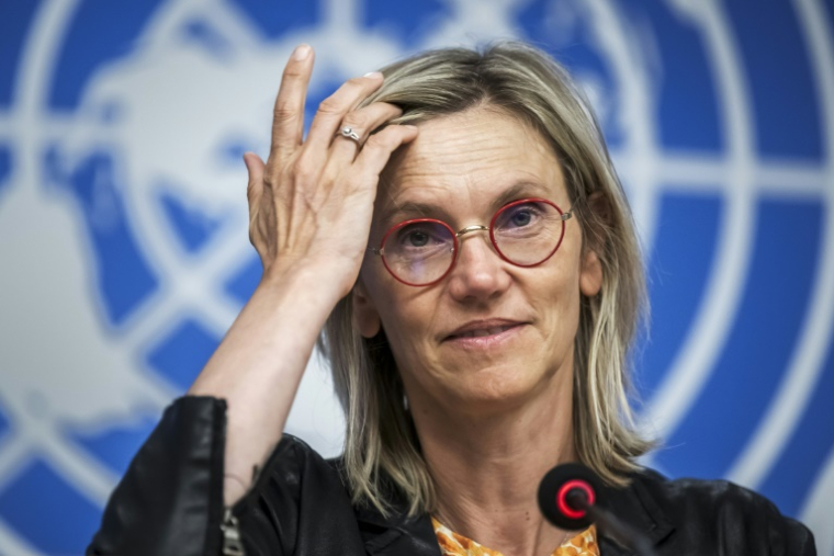 La ministre française de la Transition ecologique Agnès Pannier Runacher a demandé mercredi un "rééquilibrage" du texte du traité proposé pour juguler la pollution plastique dans le monde entier et critiqué unanimement à la tribune, le 13 août 2025 ( AFP / Fabrice COFFRINI )