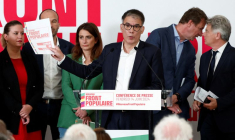 Olivier Faure, premier secrétaire du Parti socialiste français, lors d'une conférence de presse de l'alliance des partis de gauche, baptisée "Nouveau Front populaire", à Paris