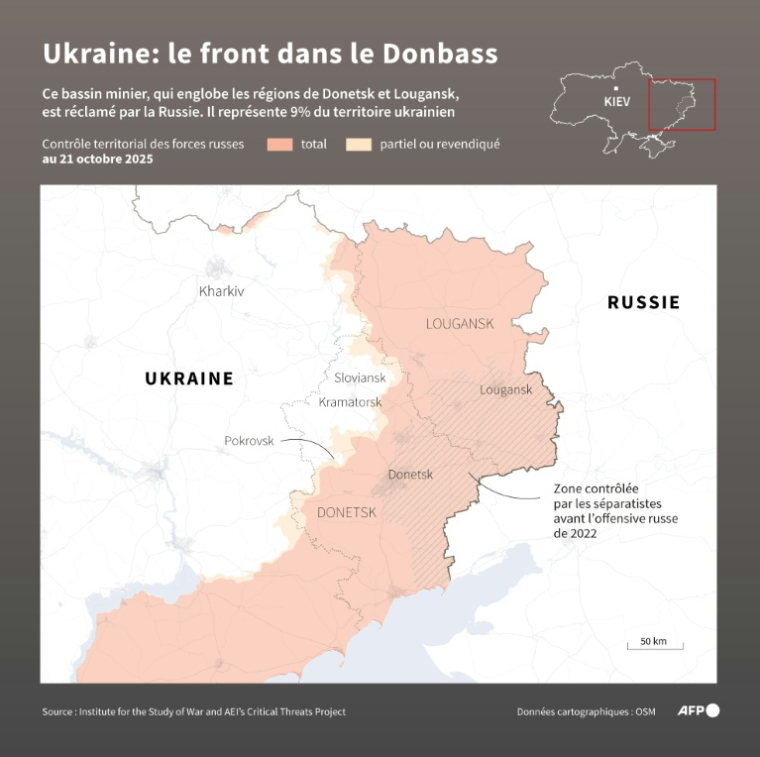 Carte montrant les zones contrôlées par les forces russes dans le Donbass, au 21 octobre 2025, à partir des données fournies par l'ISW et le Critical Threats Project (CTP) ( AFP / Sylvie HUSSON )