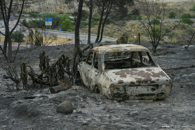 Une voiture calcinée dans une zone touchée par un incendie de forêt meurtrier à Almocaizar, dans la province d'Almería, le 12 juillet 2026 en Espagne A wildfire that has killed at least 12 people in southern Spain was close to being brought under control Sunday, allowing hundreds of evacuated residents to return home as firefighters worked to fully stabilise the blaze, offficials said. Authorities have kept the death toll at 12 and cautioned that the number of missing people remains uncertain until autopsies and the identification of recovered bodies are completed. ( AFP / Jose JORDAN )