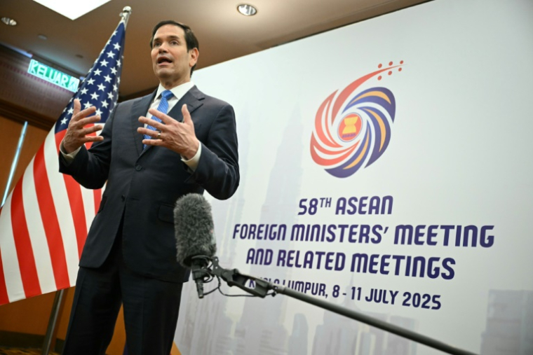 Le secrétaire d'Etat américain Marco Rubio lors d'un point presse à l'occasion de la 58e réunion des ministres des Affaires étrangères de l'Asean à Kuala Lumpur, le 11 juillet 2025 en Malaisie ( POOL / Mandel NGAN )