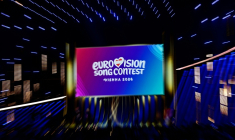 Logo du concours de l'Eurovision lors de la demi-finale de l'édition 2026 à Vienne, le 12 mai 2026. ( AFP / Tobias SCHWARZ )