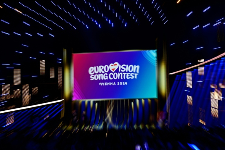 Logo du concours de l'Eurovision lors de la demi-finale de l'édition 2026 à Vienne, le 12 mai 2026. ( AFP / Tobias SCHWARZ )