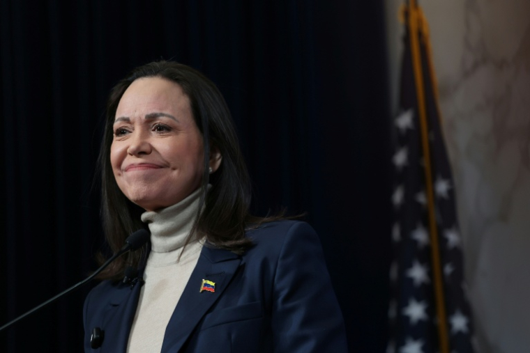 L'opposante vénézuélienne Maria Corina Machado donne une conférence de presse, le 16 janvier 2026 à Washington ( AFP / Alex WROBLEWSKI )