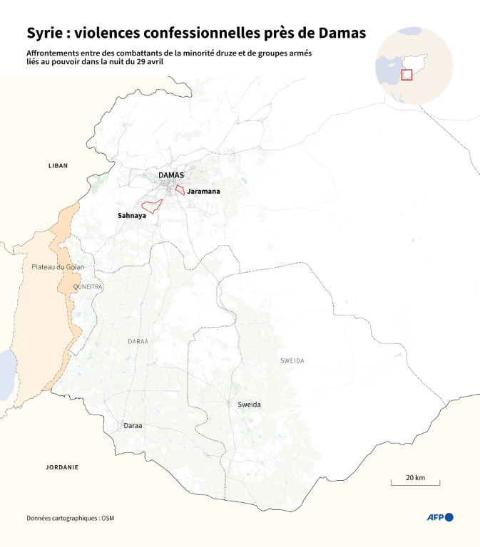 Carte du sud-ouest de la Syrie, montrant les localités de Sahnaya et de Jaramana, dans les environs de Damas, où ont eu lieu des violences confessionnelles dans la nuit du 29 avril ( AFP / Ioana PLESEA )