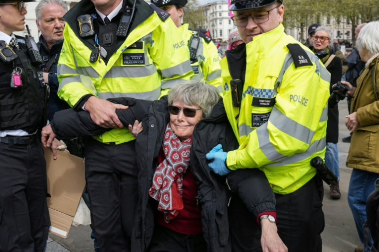 La police emmène de force un manifestant tandis que des personnes se rassemblent pour demander la levée de l’interdiction visant le groupe Palestine Action lors d’une manifestation à Trafalgar Square, dans le centre de Londres, le 11 avril 2026. ( AFP / CARLOS JASSO )