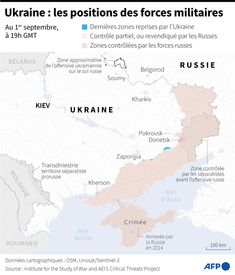 Carte des zones contrôlées par les forces ukrainiennes et russes en Ukraine au 1er septembre 2024 à 19h GMT ( AFP / Valentin RAKOVSKY )