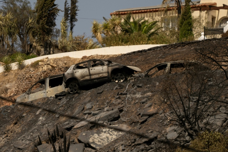 Des voitures calcinées près d'une maison sont visibles après un incendie de forêt ayant fait au moins 12 morts, à Bedar, dans la province d'Almería, le 11 juillet 2026 ( AFP / JORGE GUERRERO )