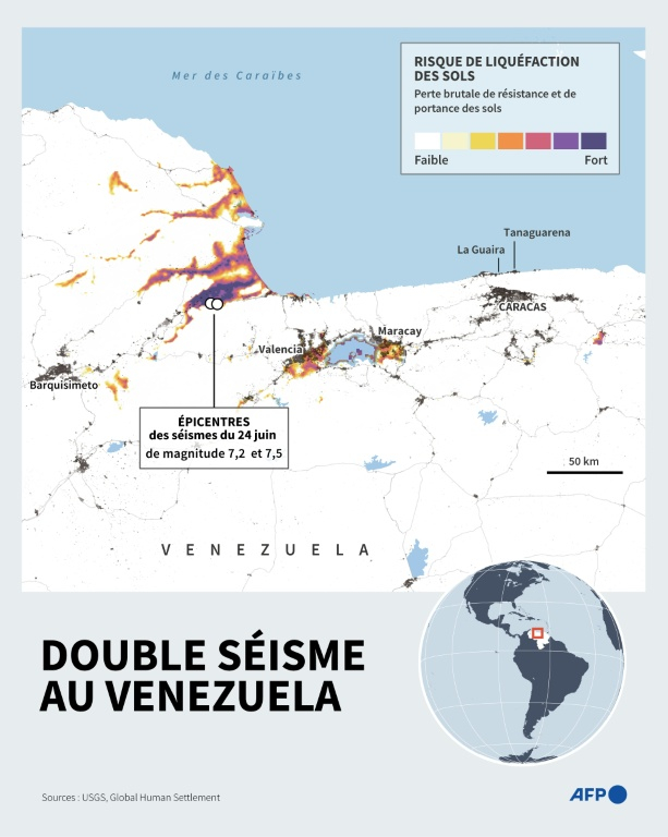 Carte montrant la probabilité de liquéfaction des sols au Venezuela et la densité de peuplement urbain, dans la région touchée le 24 juin 2026 par un double séisme ( AFP / Nicholas SHEARMAN )
