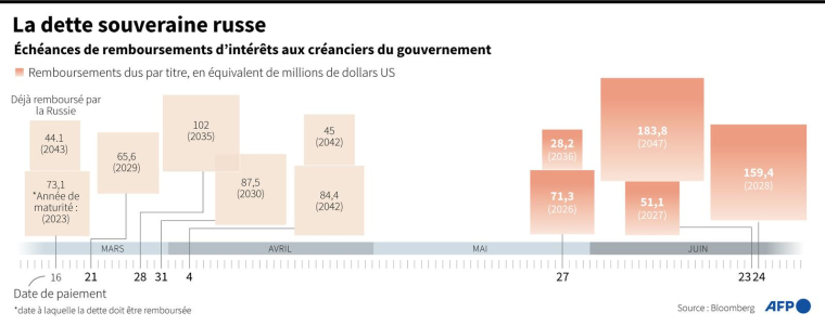 Graphique montrant le calendrier des remboursements de la dette souveraine russe ( AFP / )