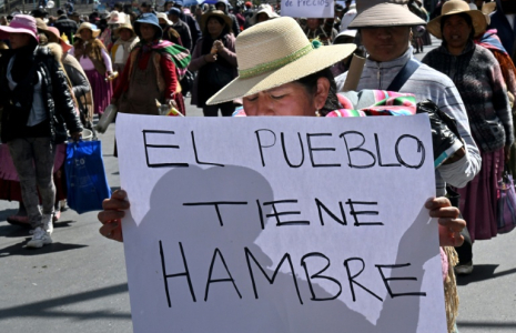 Une paysanne Aymara montre une pancarte avec le message "Le peuple a faim" lors d'une marche pour demander au gouvernement de Luis Arce de trouver rapidement une solution à la crise économique, à La Paz, le 9 juin 2025. ( AFP / AIZAR RALDES )