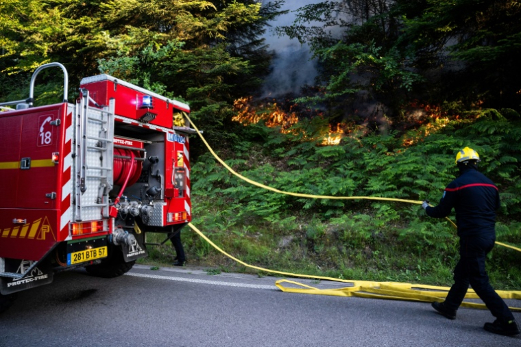 Un pompier en opération contre un feu de forêt à Bois-de-Champ, dans les Vosges, le 13 juin 2023 ( AFP / SEBASTIEN BOZON )
