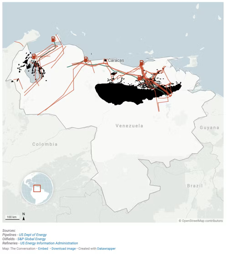 Les pipelines et les régions pétrolifères du Venezuela. The Conversation US, Author provided (no reuse)