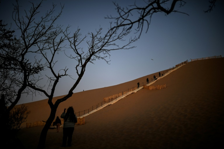 Des visiteurs utilisent les escaliers, au lever du soleil, pour gravir la dune du Pilat, le 10 avril 2025 à La Teste-de-Buch, en Gironde ( AFP / Christophe ARCHAMBAULT )