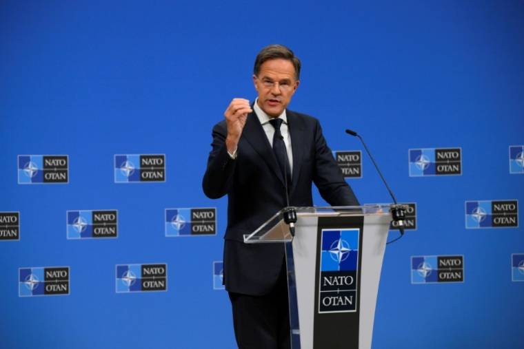 Le secrétaire général de l'Otan Mark Rutte donne une conférence de presse, le 23 septembre 2025 à Bruxelles ( AFP / JOHN THYS )