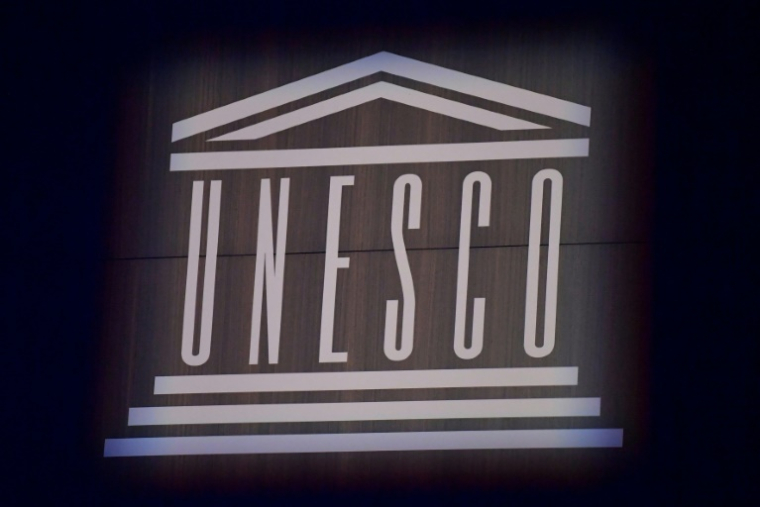 Le logo de l'Unesco photographié lors du 75e anniversaire de l'organisation en son siège à Paris, le 12 novembre 2021 ( POOL / JULIEN DE ROSA )