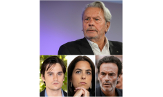 Ce montage juxtapose Alain Delon (dessus), ici à Cannes en 2019, et ses trois enfants (dessous): Alain-Fabien Delon (G), à Angoulême en 2021, Anouchka Delon (C) à Paris en 2023, et Anthony Delon (D) à Cannes en 2022 ( AFP / Valery HACHE )