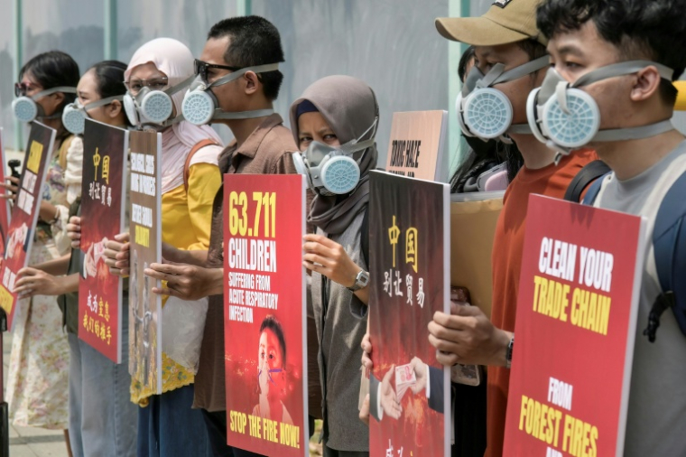 Manifestation le 22 octobre 2026 à Djakarta, devant l'ambassade de Chine, pour demander un audit des chaînes d'approvisionnement liées aux feux de forêt en Indonésie. ( AFP / BAY ISMOYO )