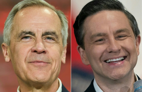 Combo photos montrant Mark Carney (à gauche) et Pierre Poilievre (à droite) ( AFP / Geoff Robins )