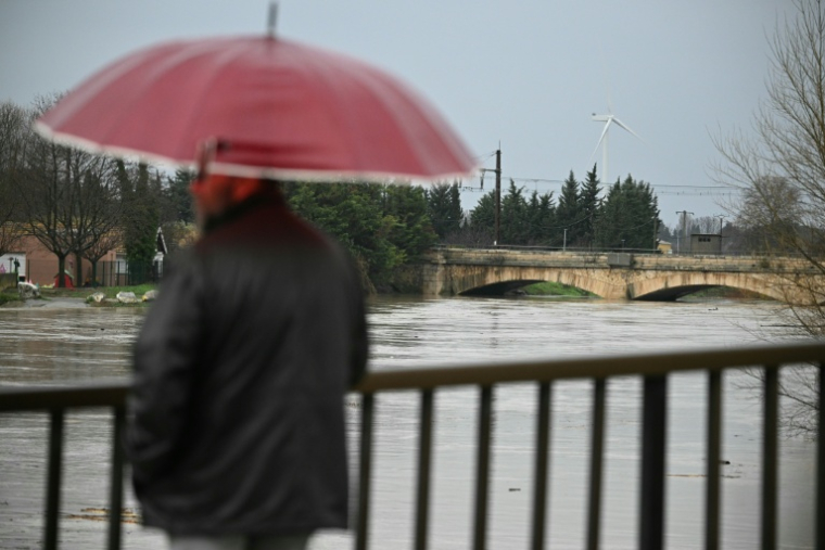 Un passant observe le débordement de l'Aude après des fortes pluies à Coursan, le 19 janvier 2026 dans l'Aude ( AFP / Lionel BONAVENTURE )