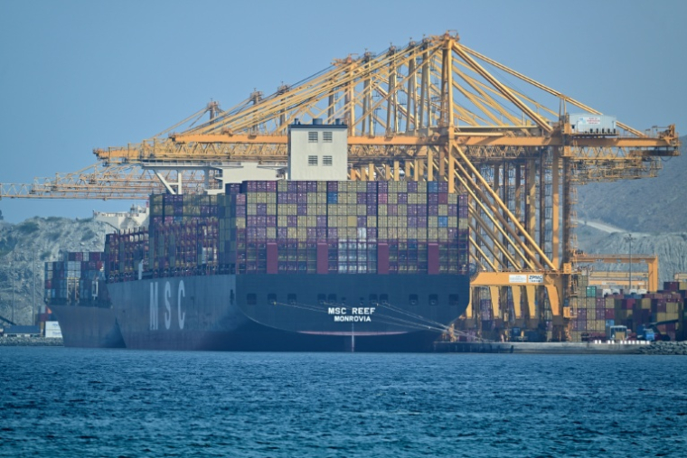 Le porte-conteneurs MSC Reef, battant pavillon libérien, est amarré à un quai du terminal à conteneurs de Khor Fakkan, situé le long du golfe d'Oman, le 28 juin 2026 ( AFP / - )
