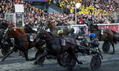 Le driver Franck Nivard, au centre, sur Hokkaido Jiel, à l'hippodrome de Vincennes à Paris lors du Prix d'Amérique le 25 janvier 2026 ( AFP / GEOFFROY VAN DER HASSELT )