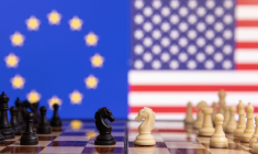 L'illustration montre les drapeaux des États-Unis et de l'Union européenne