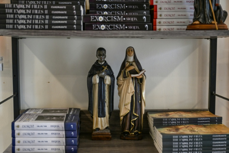 Des statuettes de saints sur une étagère de livres dans le Centre Saint-Michel pour la libération spirituelle et l'exorcisme, le 18 juillet 2026 à Manille  ( AFP / Jam STA ROSA )