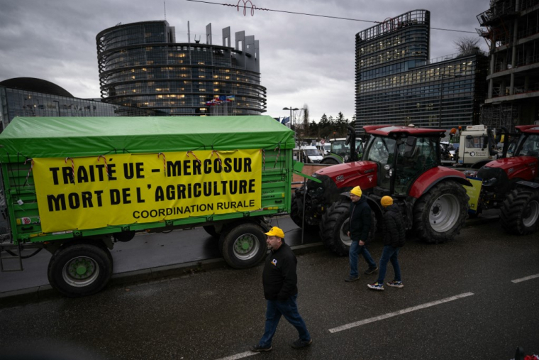 Des agriculteurs manifestant contre le traité de libre-échange entre l'UE et le Mercosur, à Strasbourg, le 19 décembre 2024. ( AFP / SEBASTIEN BOZON )