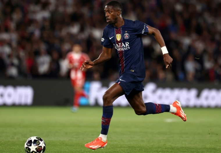 L'attaquant du Paris Saint-Germain Ousmane Dembélé le 28 avril 2026 au Parc-des-Princes à Paris lors de la demi-finale aller dela C1 contre le Bayern ( AFP / FRANCK FIFE )