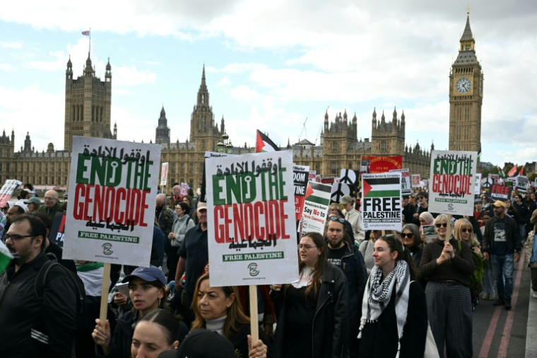 Marche de soutien aux Palestiniens organisée par le mouvement Palestine Solidarity, le 10 octobre 2026 à Londres   ( AFP / JUSTIN TALLIS )