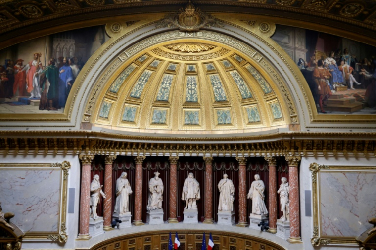 Les statues et le plafond du Sénat à Paris, le 16 mars 2023 ( AFP / Ludovic MARIN )