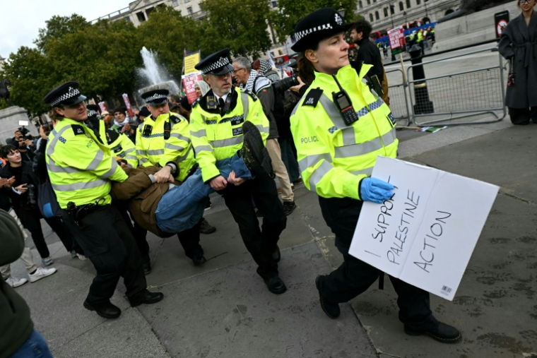 Des policiers arrêtent un manifestant lors d'un rassemblement de soutien au groupe Palestine Action, le 4 octobre 2025 à Londres ( AFP / JUSTIN TALLIS )