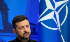 Volodimir Zelensky participe à une conférence de presse le jour de la réunion des neuf pays de l'OTAN à Bucarest (B9), à Vilnius