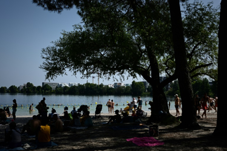 Des habitants cherchent la fraicheur à l'ombre sur la rive du lac de Bordeaux, le 10 août 2025, en pleine vague de chaleur ( AFP / Philippe LOPEZ )