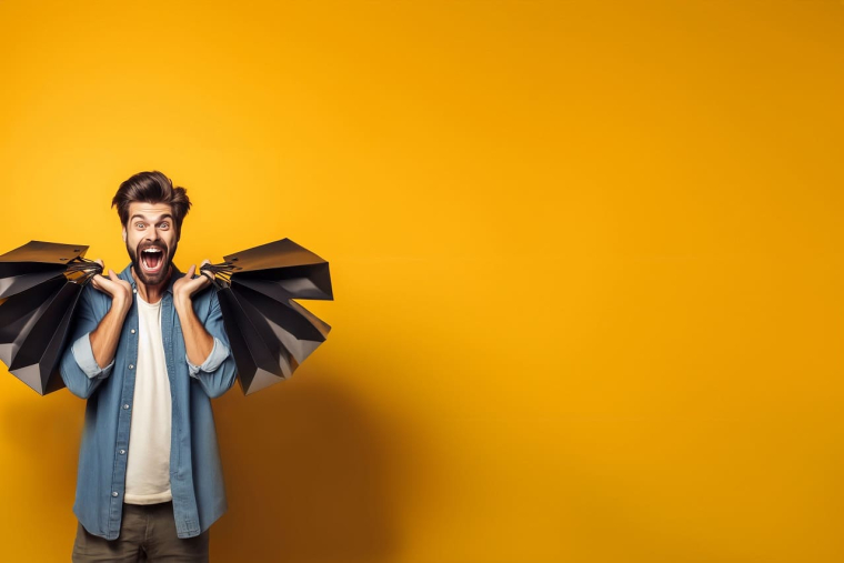 (Crédits photo : Adobe Stock - Jeune homme ravi d'avoir fait de bonnes affaires beauté et maison pendant les soldes)