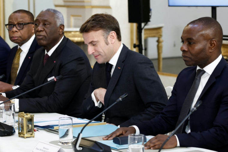 Le président français Emmanuel Macron (C) avec les membres de la Commission mixte franco-camerounaise, au palais de l'Elysée à Paris le 21 janvier 2025 ( POOL / Benoit Tessier )
