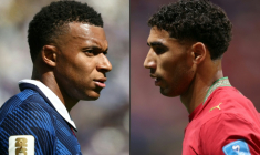 Duel très attendu entre le capitaine des Bleus Kylian Mbappé (à gauche), le 16 juin 2026 à East Rutherford, et son homologue du Maroc Achraf Hakimi, le 24 juin 2026 à Atlanta  ( AFP / FRANCK FIFE )