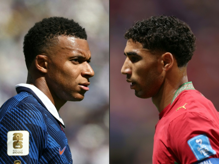 Duel très attendu entre le capitaine des Bleus Kylian Mbappé (à gauche), le 16 juin 2026 à East Rutherford, et son homologue du Maroc Achraf Hakimi, le 24 juin 2026 à Atlanta  ( AFP / FRANCK FIFE )