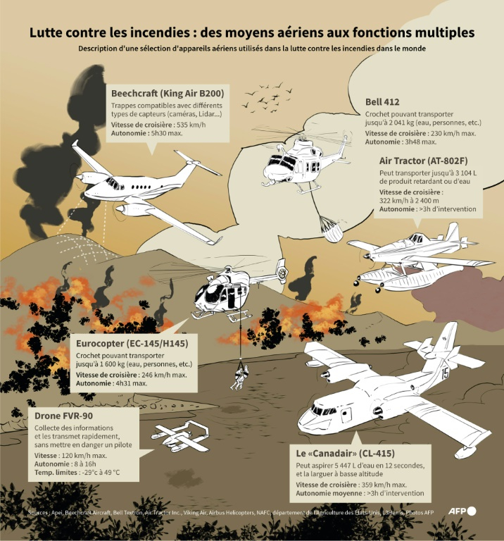 Description d'une sélection d'appareils aériens utilisés dans la lutte contre les incendies dans le monde ( AFP / Nalini LEPETIT-CHELLA )