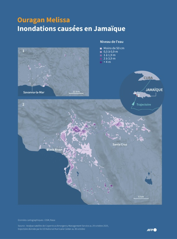 Carte de la partie ouest de la Jamaïque montrant les niveaux d'inondation causés par l'ouragan Melissa, qui a touché terre en tant qu'ouragan de catégorie 5 le 28 octobre, d'après des analyses satellitaires de EMS-Copernicus au 29 octobre.   ( AFP / Guillermo RIVAS PACHECO )