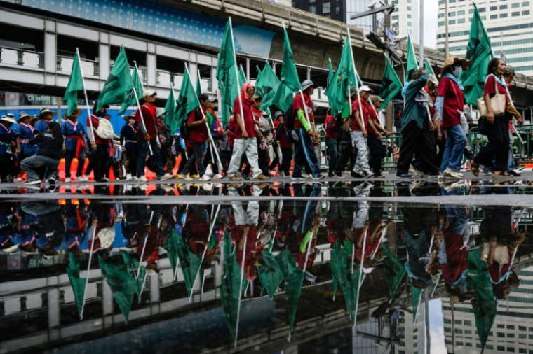 Manifestation contre le Fonds monétaire international (FMI) et la Banque mondiale à Bangkok, le 16 octobre 2026 en Thaïlande ( AFP / ANTHONY WALLACE )