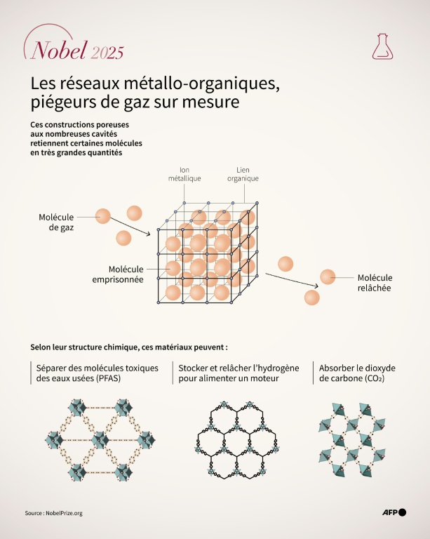Infographie expliquant le fonctionnement et certaines applications des réseaux métallo-organiques, constructions poreuses étudiées par les lauréats du prix Nobel de chimie 2025 ( AFP / Sabrina BLANCHARD )