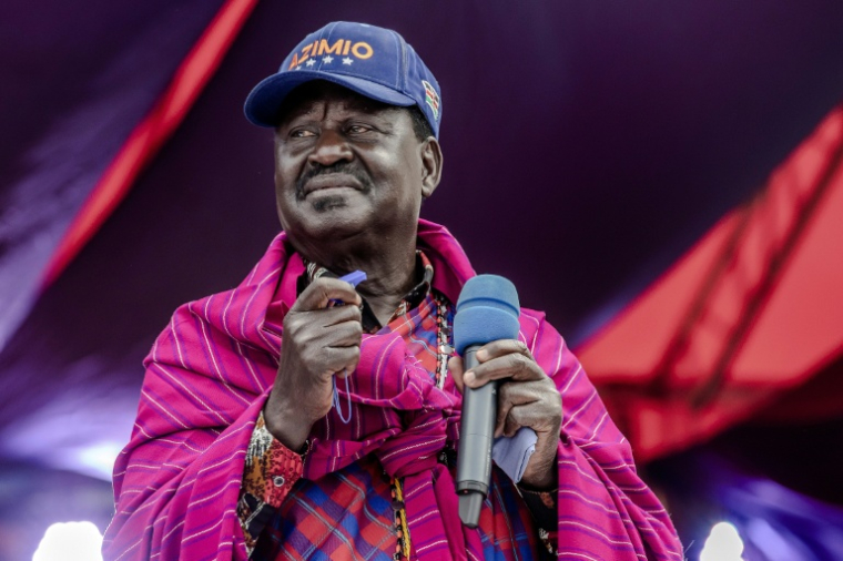 Le chef de l'opposition kényane, Raila Odinga lors d'un rassemblement de campagne au stade Kirigiti, le 1er août 2022 à Narok ( AFP / LUIS TATO )